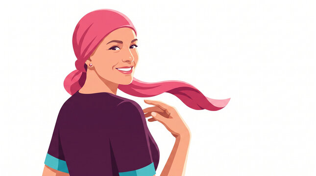 Young woman with pink headscarf smiling and looking back confidently  