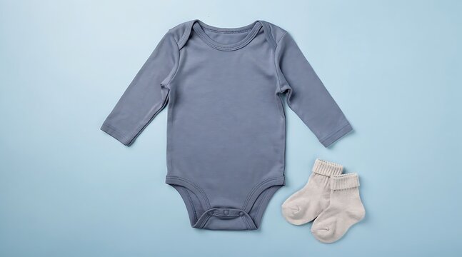 Gray baby onesie and socks flat lay.