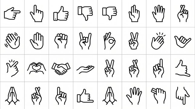 Hand gesture icons with pointing thumbs up peace sign OK rock shaka praying handshake vector illustration design.