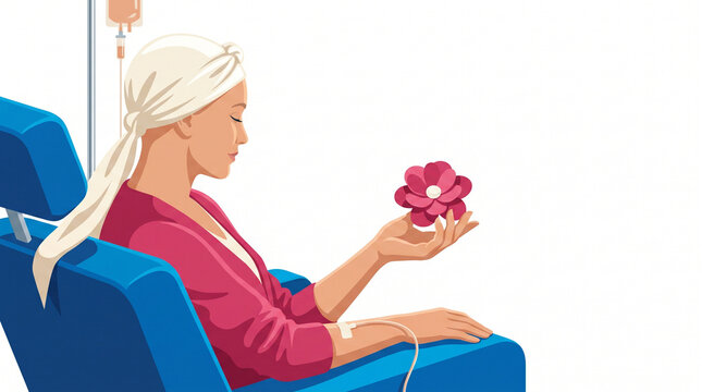 Woman receiving chemotherapy and holding a flower in a hospital  