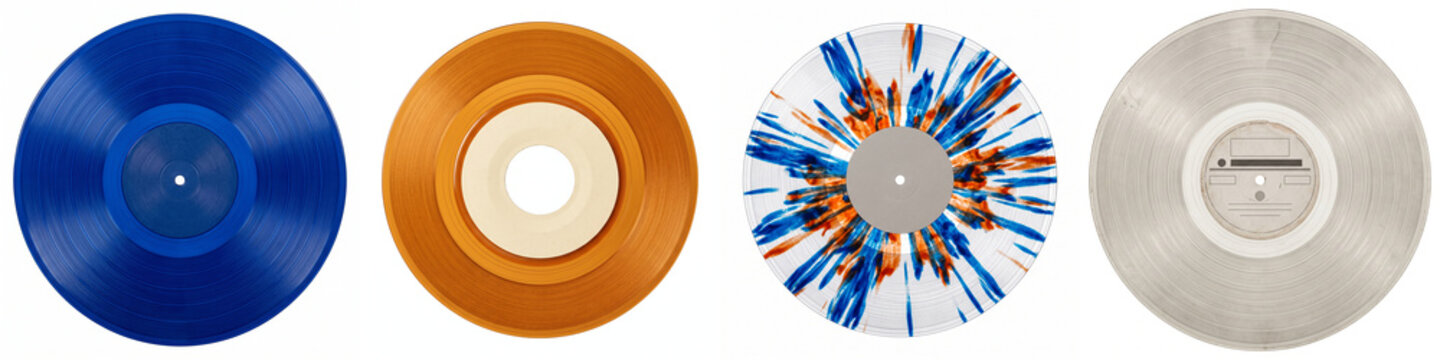 Vinyl records in colorful collectible variants featuring blue, amber, splatter, and clear translucent pressings isolated on a white background, ideal for retro music design and audio branding