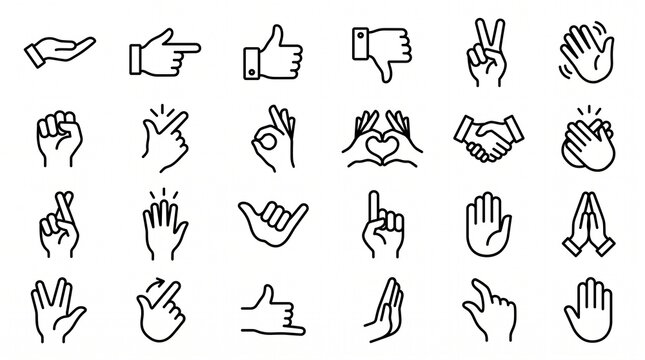 Hand gesture icons with open palm pointing thumbs up peace sign OK handshake praying vector illustration design.
