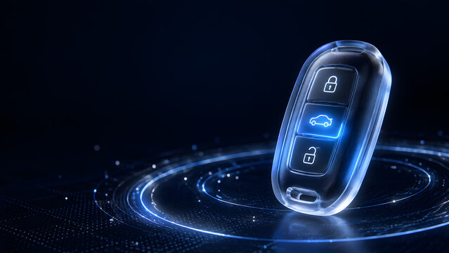 smart car key fob remote glowing blue with lock and unlock icons on technology background