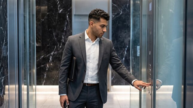 Generative AI, Businessman pressing an elevator button in a modern lobby