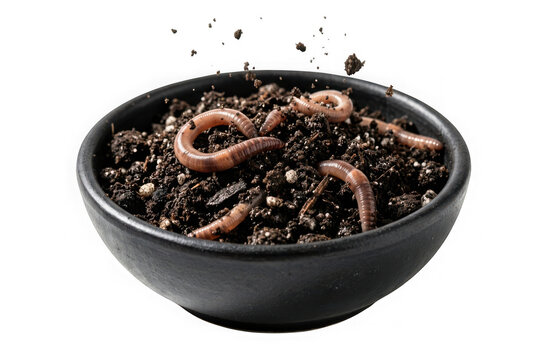 Earthworms crawling in rich soil inside a black bowl isolated on transparent background