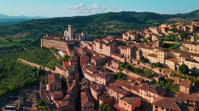 Aerial view of historic Assisi and Basilica of Saint Francis