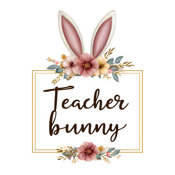 Teacher bunny text art featuring cute rabbit ears and decorative spring flowers