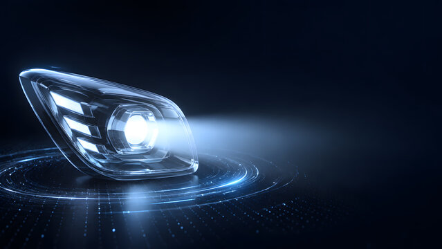 glass car headlight glowing bright white light beam on dark technology background automotive lighting design