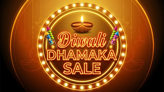 Diwali dhamaka sale neon light banner with firecrackers