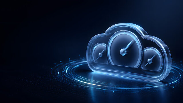 glass cloud icon with three speedometer gauges glowing blue on dark technology background performance monitoring