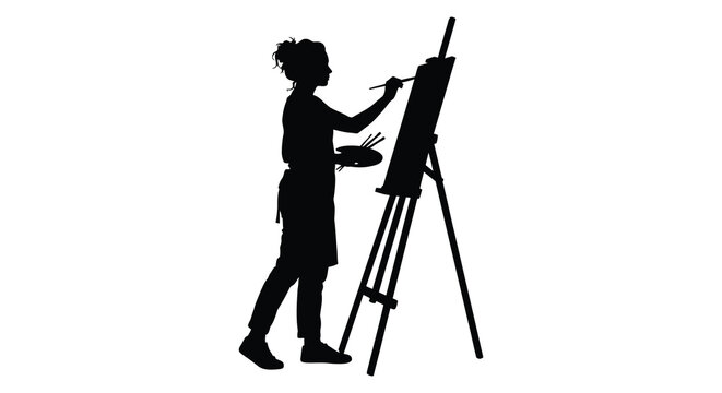 Artist painting at an easel black silhouette