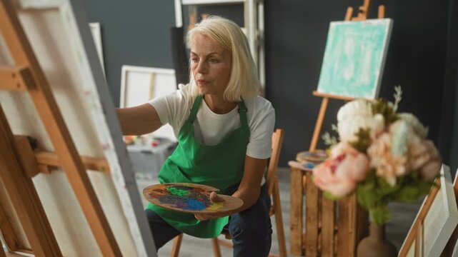 Woman painter, middle aged blonde wearing green apron, holding palette and brush and painting on canvas at an easel in a studio; calm creativity.