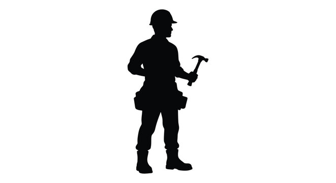 Construction worker holding hammer black silhouette against white background