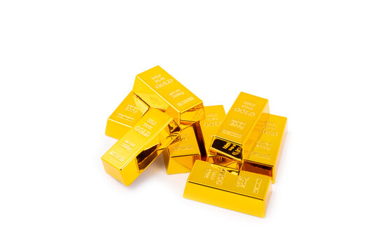 Gold bars isolated on white background. Stack of many shiny gold bars. Fine gold concept. Gold panel background.  Metallic texture. Wealth, luxury, treasure.
