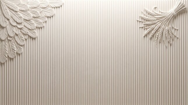 Corrugated board Thanksgiving border with 3D sculpted feathers and wheat sheaves on white background, featuring copy space for sustainable packaging campaigns.