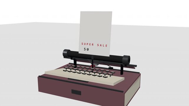 Premium realistic 3D animation of a colorful vintage mechanical typewriter typing the promotional message SUPER SALE 50% OFF onto a sheet of white paper