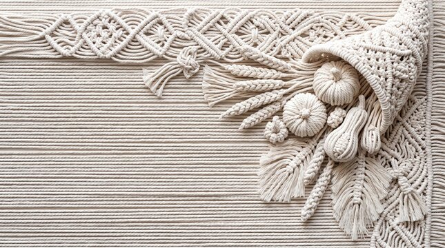Knotted macram&eacute; textile Thanksgiving white background border featuring 3D woven cotton pumpkins and cornucopia for artisanal packaging and stationery design