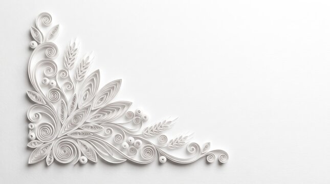 Paper-quilled Thanksgiving border on white background with 3D filigree scrolls and copy space for luxury greeting card publishing and upscale holiday stationery