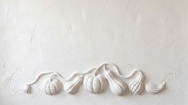 Sculpted plaster Thanksgiving border on white background with 3D squash relief and copy space for home decor interior design