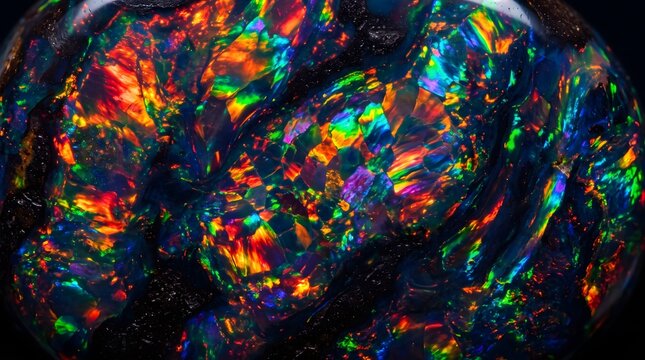 Dark opal gemstone with colorful fire pattern close up