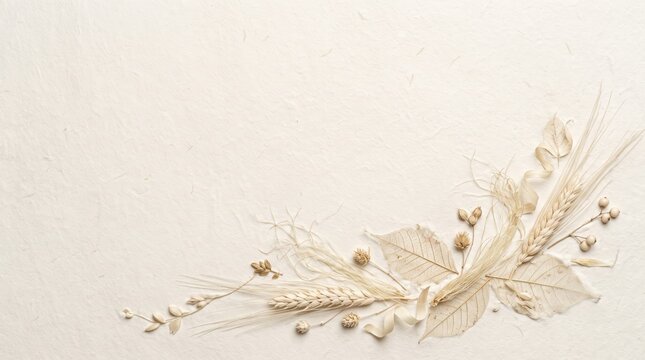 Thanksgiving border on a white background with 3D folded paper botanical elements and dried wheat, providing ample copy space for editorial publishing banners.