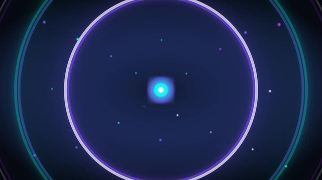 Glowing neon circular waves expanding from central core on dark space background