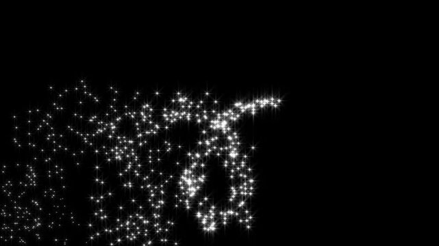 Glowing magic glitter trail with twinkling white stars, fairy sparkle dust, shimmer doodle path, glittering particle motion, star line transition animation, seamless black background, 4K...