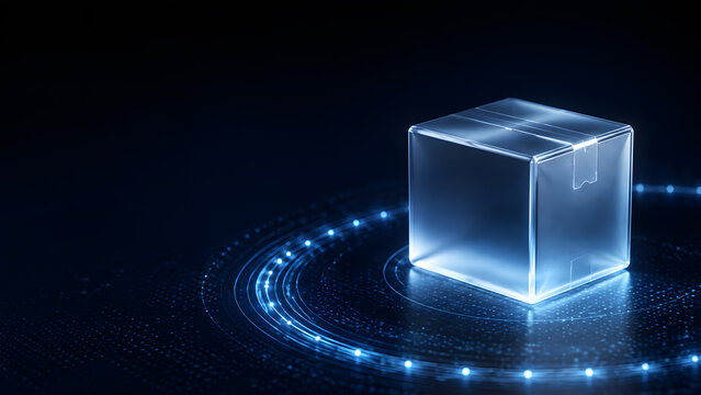 Package box hologram parcel delivery shipping glowing blue digital technology futuristic wireframe cube gift product storage