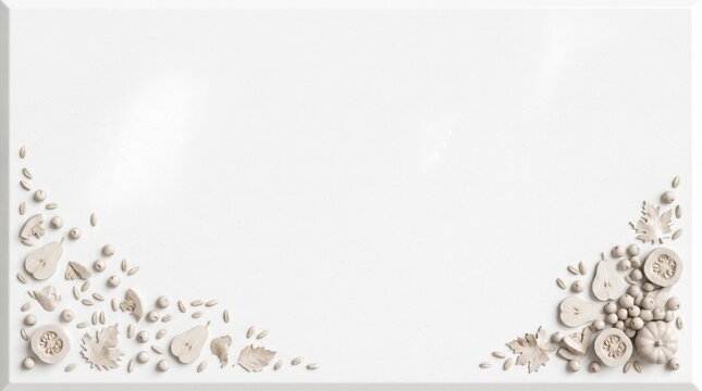 Thanksgiving white background border crafted from 3D molded pulp material with miniature pumpkins and grain stalks for food and beverage branding.