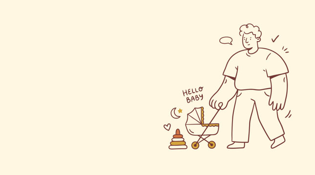 Minimalist line art father walking with baby stroller, modern hand drawn dad pushing pram vector, simple character illustration for parenting blog