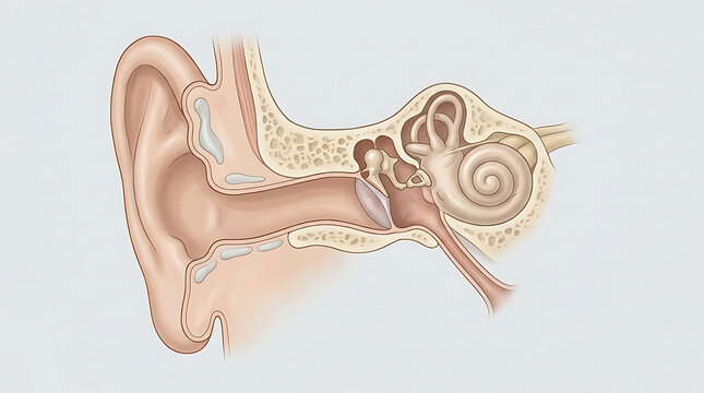 Anatomical illustration of the human ear showing the outer, middle, and inner ear structures
