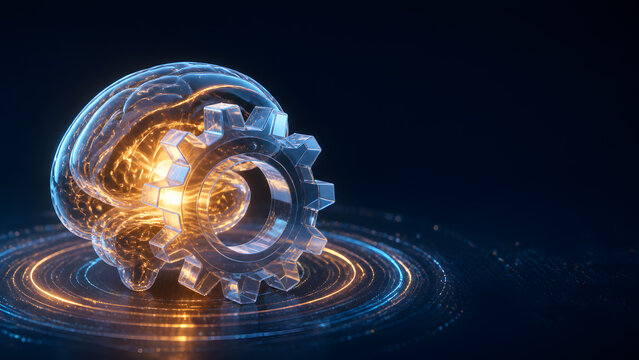 Transparent brain with glowing gear mechanism floating above dark circular light ring at night scene