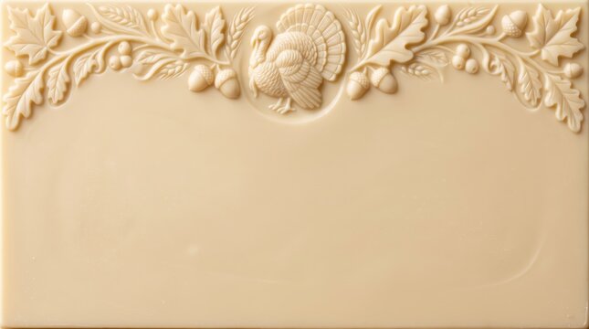 Thanksgiving White Background Border featuring a 3D sculpted white chocolate turkey and leaves motif, offering ample copy space for holiday menus.