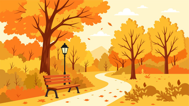 Beautiful autumn nature background with street lamp and yellow forest scenery