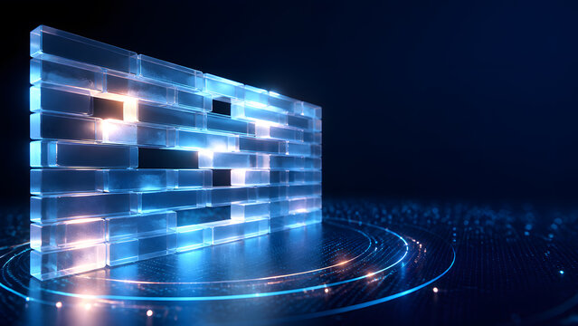 Glass brick wall with glowing gaps representing data breach vulnerability and network firewall protection system design