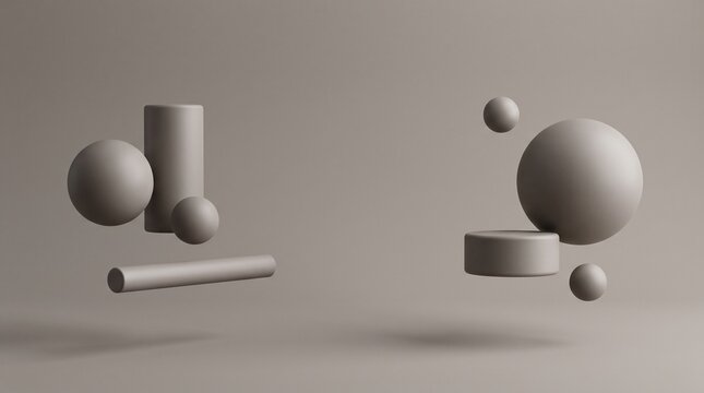 Abstract composition with floating geometric shapes like spheres and cylinders arranged in a minimalist modern 3D rendered scene