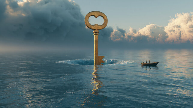 Surreal giant golden key rising from ocean whirlpool near boat
