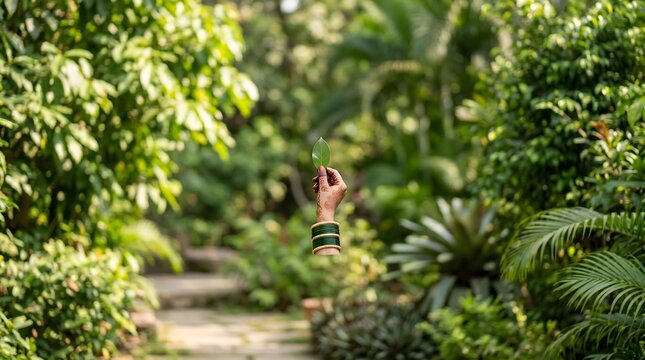 Woman holding green leaf with mehandi design in nature