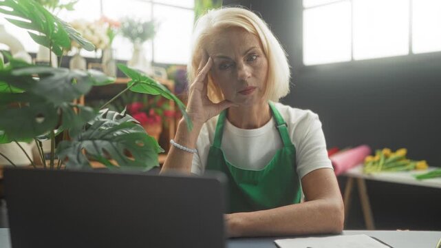 Woman florist in green apron presses hand to temple while using laptop in flower studio; thinking concern.