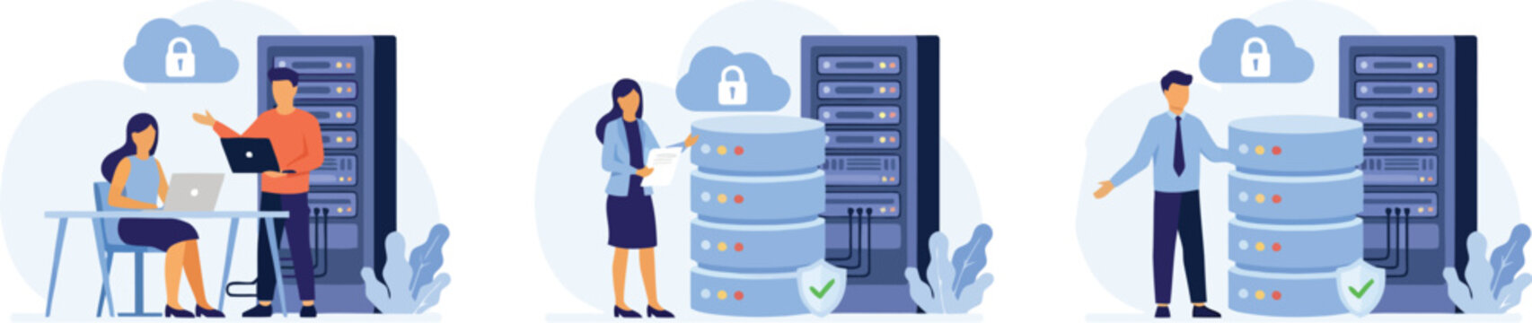 Cloud data center security banner set IT engineers working with database server lock shield protection vector illustration