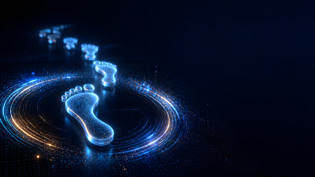 Glowing blue glass footprints trail walking across digital surface representing digital footprint tracking and online privacy