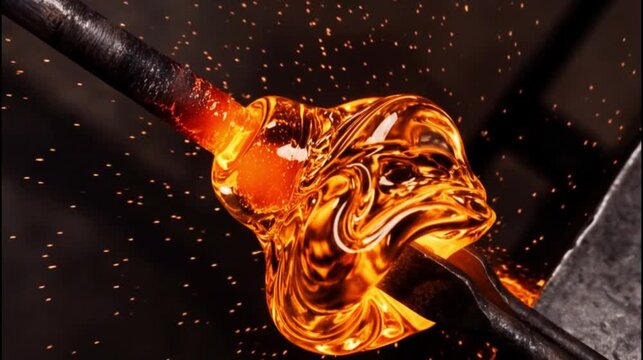 Molten glass glowing orange on blowpipe during traditional glassblowing process, dark background.