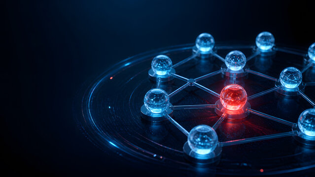 Transparent glass sphere nodes connected in network pattern with one red node representing data connection technology
