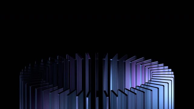 Abstract rotating purple glass blocks on a black background, 4k seamless loop 3d animation