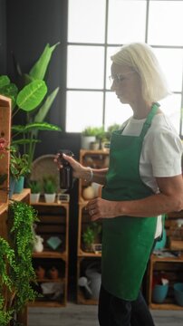 Woman florist wearing green apron sprays potted plants with a spray bottle in studio surrounded by shelves and pots; calm nurturing.