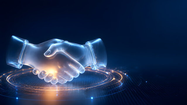 Glass handshake glowing representing partnership deal agreement trust cooperation contract collaboration teamwork merger negotiation alliance business