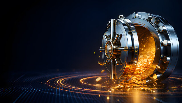 Glass bank vault opening gold coin treasure representing wealth security safe deposit fortune money savings banking