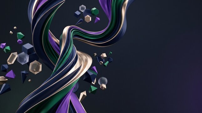 Abstract flowing sculptural ribbons with floating geometric shapes in dark elegant purple green and metallic gold luxury composition