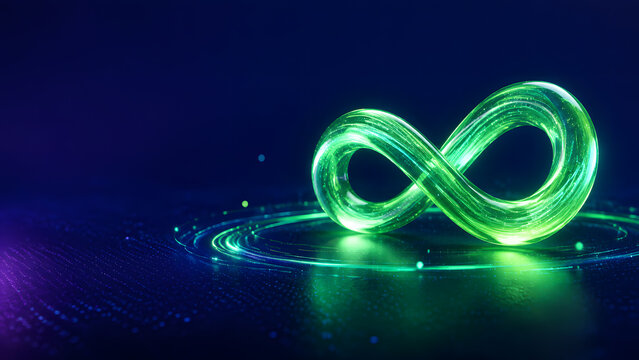 Glass infinity loop glowing green representing endless continuity forever cycle sustainability unlimited eternal connection flow growth