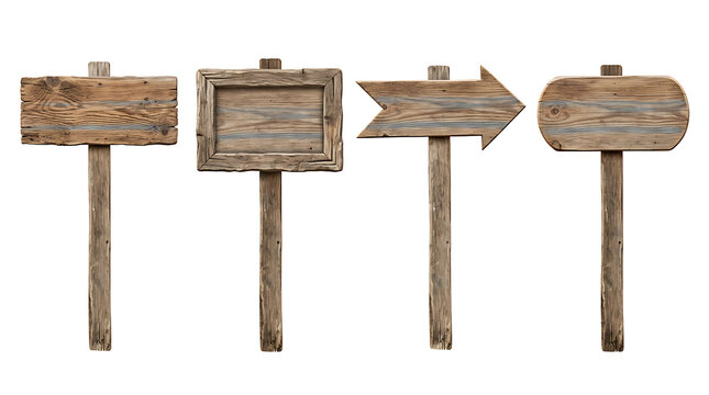 Rustic wooden signs and direction pointers on white background